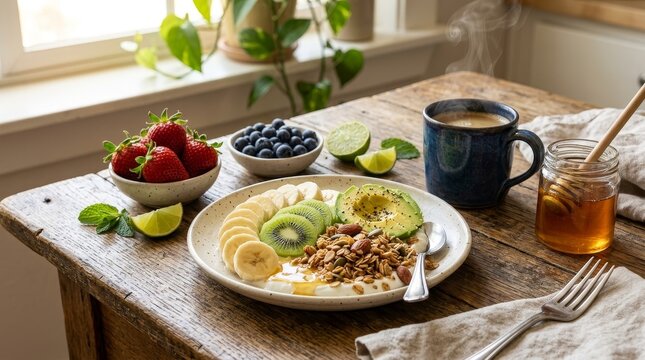 Healthy breakfast with fruits and granola.