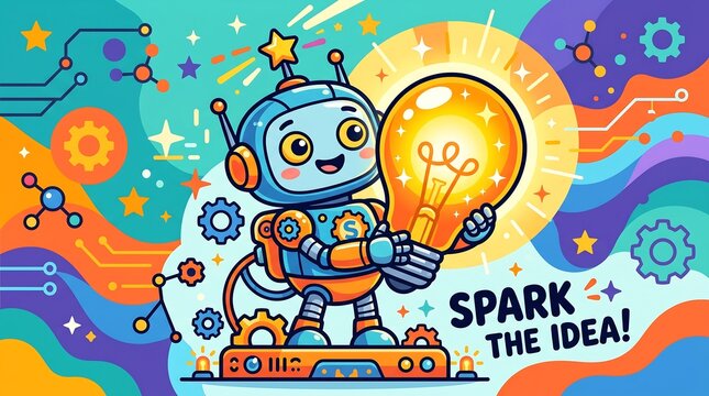 A colorful, cartoon-style illustration of a friendly robot holding a bright glowing lightbulb, surrounded by abstract circuit elements and stars, representing innovation and creativity