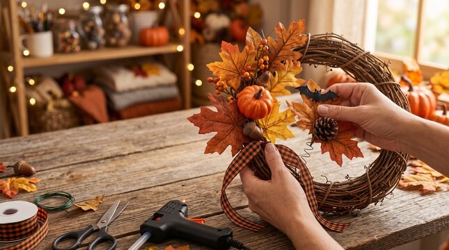 Hands creating a beautiful autumn wreath with vibrant fall leaves and decorative pumpkins on a rustic wooden table, embodying the cozy spirit of the harvest season