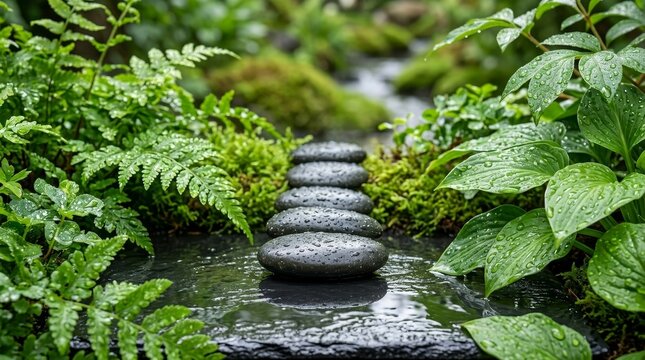 Serene garden stepping stones water feature.