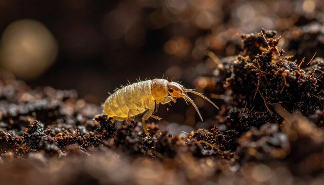 Tiny Springtail Insect Emerging from Rich Soil in a Detailed Macro View