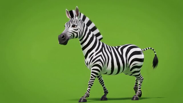 Distinctive animated zebra calmly walking left, shimmering black and white stripes, tail gently