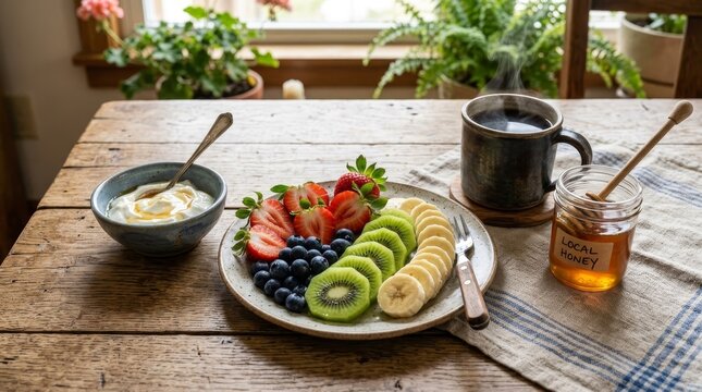 Fresh fruit plate with breakfast items.