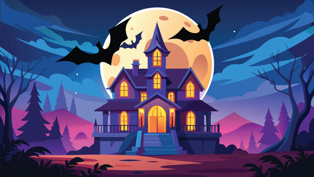 Haunted house with bats flying in a full moon night sky vector illustration