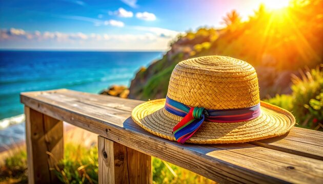 Woven straw sun hat with vibrant ribbon resting on wooden bench overlooking the ocean