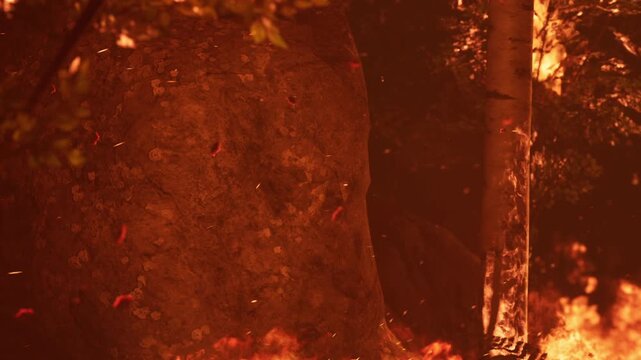 Flames rise in the forest with trees and rocks surrounded by fire. Smoke fills the air as the wildfire grows larger. The scene shows the destruction caused by the flames.
