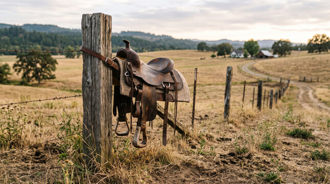 Leather horse saddle hanging on a rustic wooden fence post, authentic country life and rural western theme