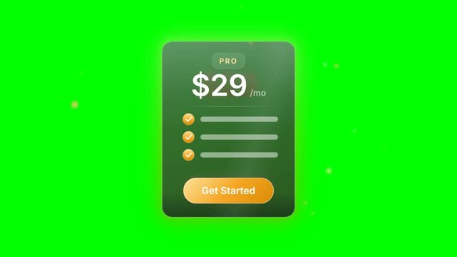 Animated pro subscription pricing plan card with get started button on green screen