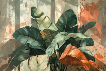 Obraz premium Illustrazione di grandi foglie tropicali in toni verdi e arancio su sfondo materico astratto. Arte decorativa ideale per interior design, poster, decorazione e progetti creativi.
