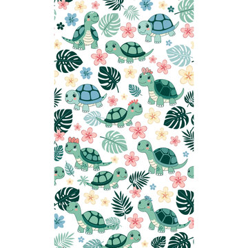 Cute cartoon turtles and tropical leaves pattern