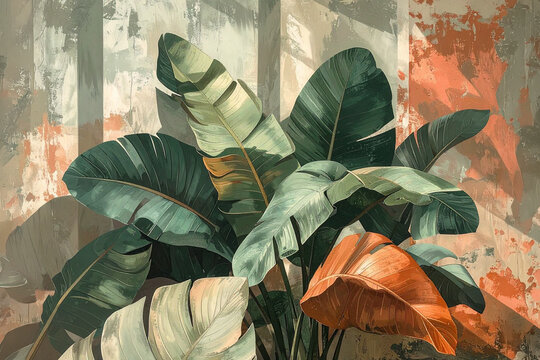 Illustrazione di grandi foglie tropicali in toni verdi e arancio su sfondo materico astratto. Arte decorativa ideale per interior design, poster, decorazione e progetti creativi.