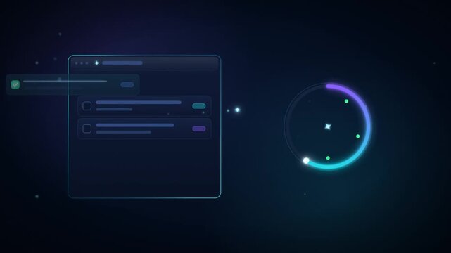 Animated AI task list browser window automatically completing with progress ring