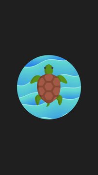 Cartoon green turtle icons character in a circle badge with blue waves transparent background