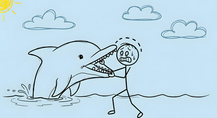 Obraz premium Stick figure man scared by a dolphin with open mouth, cartoon sketch