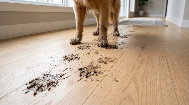 Muddy paw prints left by a dog on a clean wooden floor after a walk. Pet mess, dirty home, housekeeping and hygiene concept