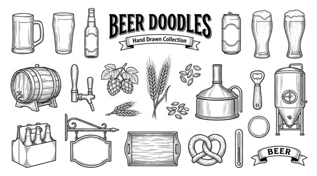 Collection of Hand Drawn Beer Brewing and Pub Elements for Craft Brewery Branding and Menu Design