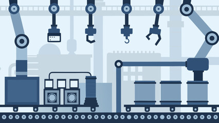 Obraz premium Industrial robotic arms and manufacturing equipment in a blue vector illustration automation assembly