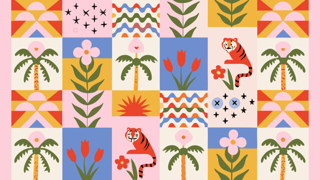 Floral and animal patchwork illustration a colorful grid pattern with tropical elements botanical