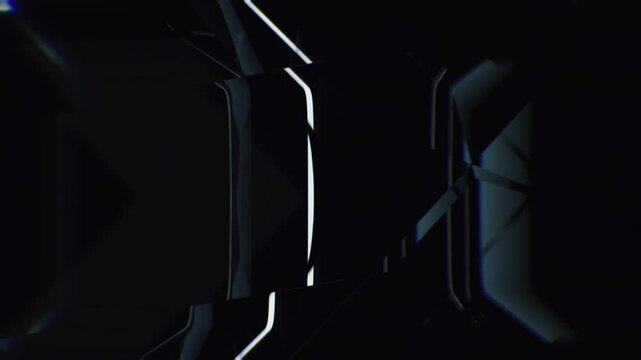 Dynamic strobe lights refracting through rotating sharp glass crystal prism. High contrast abstract geometric motion background for electronic music.