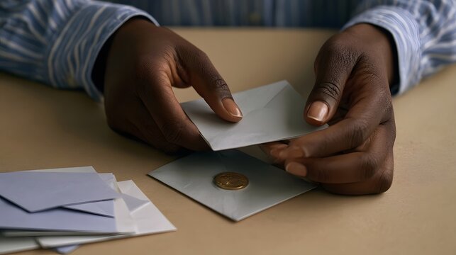 Close up of hands carefully placing a coin into a small envelope on a wooden surface surrounded by other envelopes