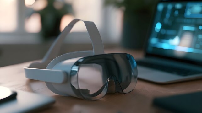 A sleek modern virtual reality headset rests on a wooden desk beside an open laptop displaying glowing blue interface elements