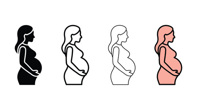 Four pregnant women in different outline styles and colors standing in profile views holding belly