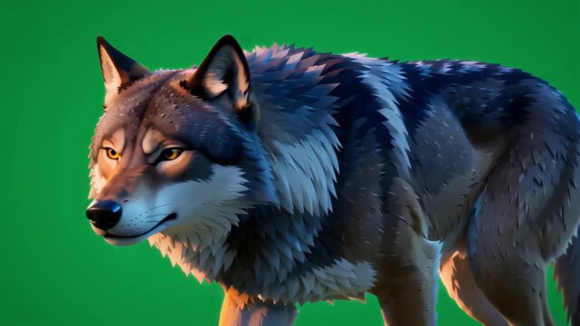 Vibrantly rendered majestic gray wolf paces left on green screen, nose twitching, alert ears swiveling, demonstrating keen wild awareness.