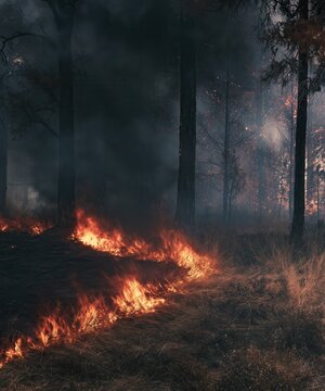 forest wildfire spreading through dry grass and trees