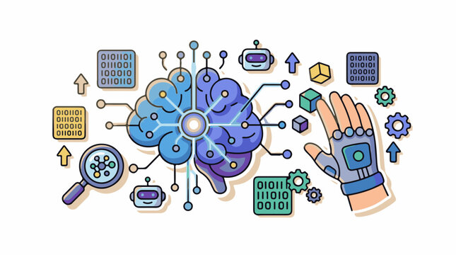 Digital brain with AI tech elements robots binary code VR glove