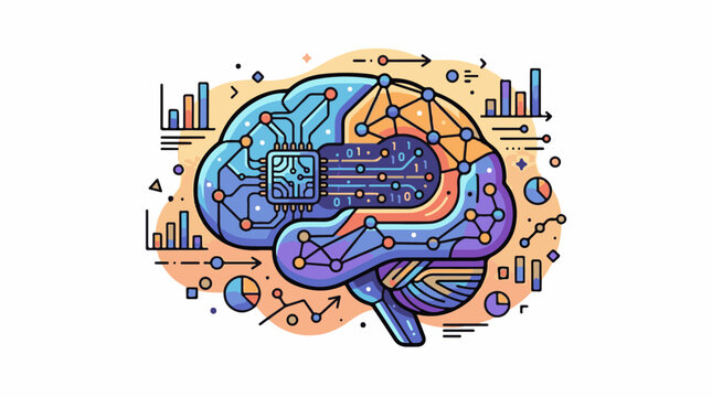 Digital brain with circuits charts and network nodes