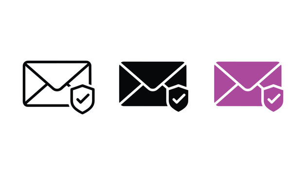 Secure email icon set with shield and checkmark symbol for protected digital communication and encrypted messaging systems as flat vector design elements for web interface and corporate security