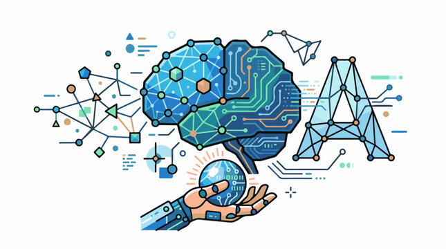 Digital brain connects to an abstract 'A' with a robotic hand holding a data sphere