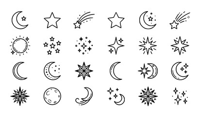 Minimal Black White Star and Moon Doodle Line Art Vector Icon Pack © Jahangir