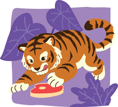 cute little tiger playing with delicious meat