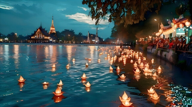 Beautiful Loy Krathong festival night with traditional Thai temple and floating lanterns on river, Generative AI