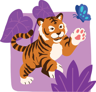cute little tiger playing with butterfly