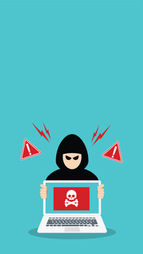 Cyber Threat Warning Hacker Holding Infected Laptop With Malware Alert Flat Vector Illustration