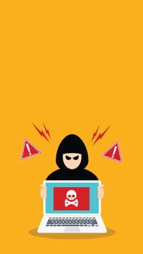 Cyber Threat Warning Hacker Holding Infected Laptop With Malware Alert Flat Vector Illustration