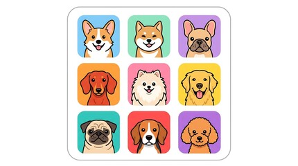 Naklejka premium Colorful cartoon dog breeds arranged in a grid on a white background with rounded corners