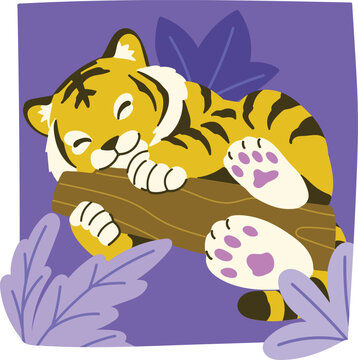 cute little tiger sleepy with tree trunk
