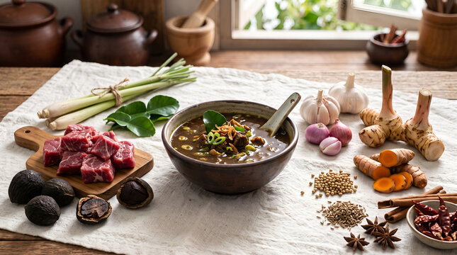 Traditional Rawon ingredients including keluak and aromatic spices arranged for culinary education, recipe content, and food marketing.