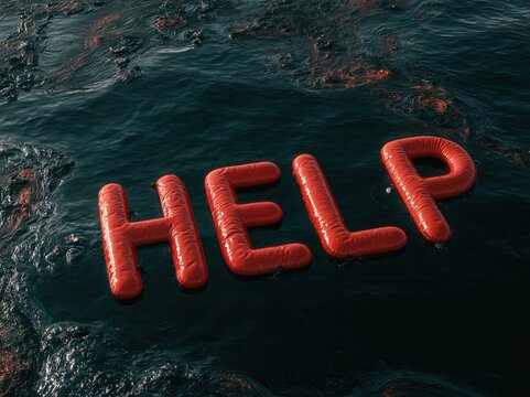 top view of the word "HELP" formed from large inflatable red letters floating on the surface of the oil-polluted ocean