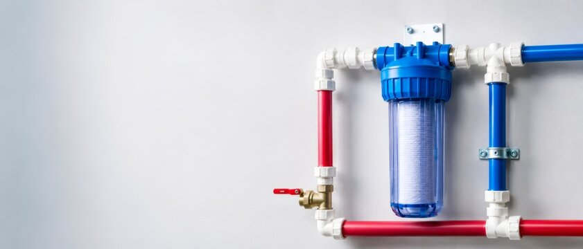 Water filtration system with red and blue pipes on a white wall. Household plumbing equipment for clean drinking water. Modern home water purification technology.