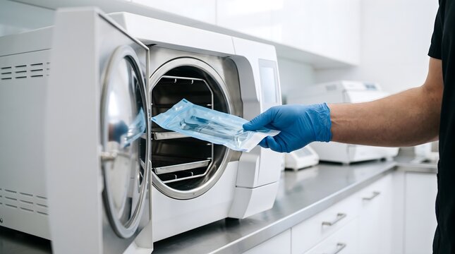 Medical technician hand in blue glove loading sterilization pouch into autoclave machine for sanitization in clinic modern technology abstract concept