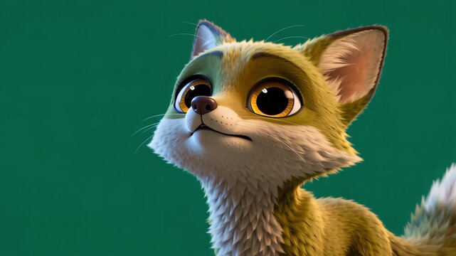 Whimsical forest fox-sprite subtly turns its head, locking eyes with an intense, sparkling gaze, anticipating an adventure on a clean green screen.