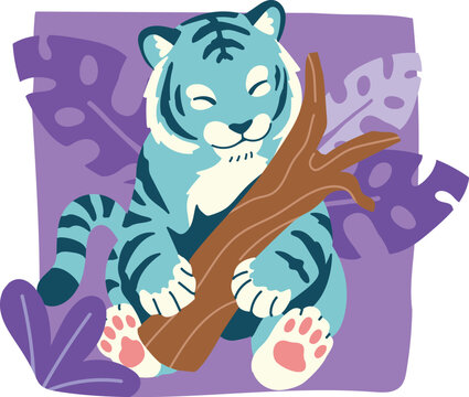 cute little white tiger huging tree trunk