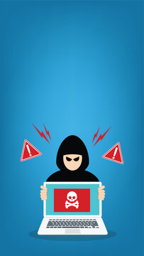 Cyber Threat Warning Hacker Holding Infected Laptop With Malware Alert Flat Vector Illustration