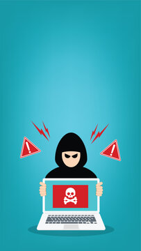 Cyber Threat Warning Hacker Holding Infected Laptop With Malware Alert Flat Vector Illustration