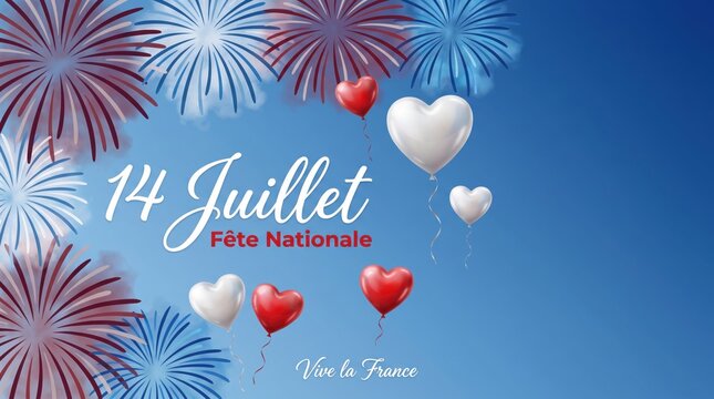 14 juillet fete nationale celebration with red and white heart balloons and blue and red firework bursts on a gradient blue background for french national day