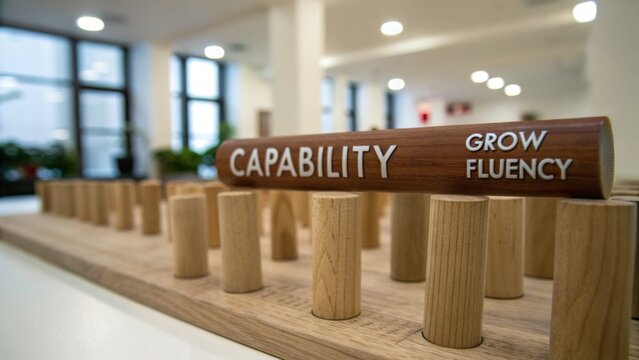 Conceptual representation of capability growth and fluency in a modern workspace emphasizing personal and professional development